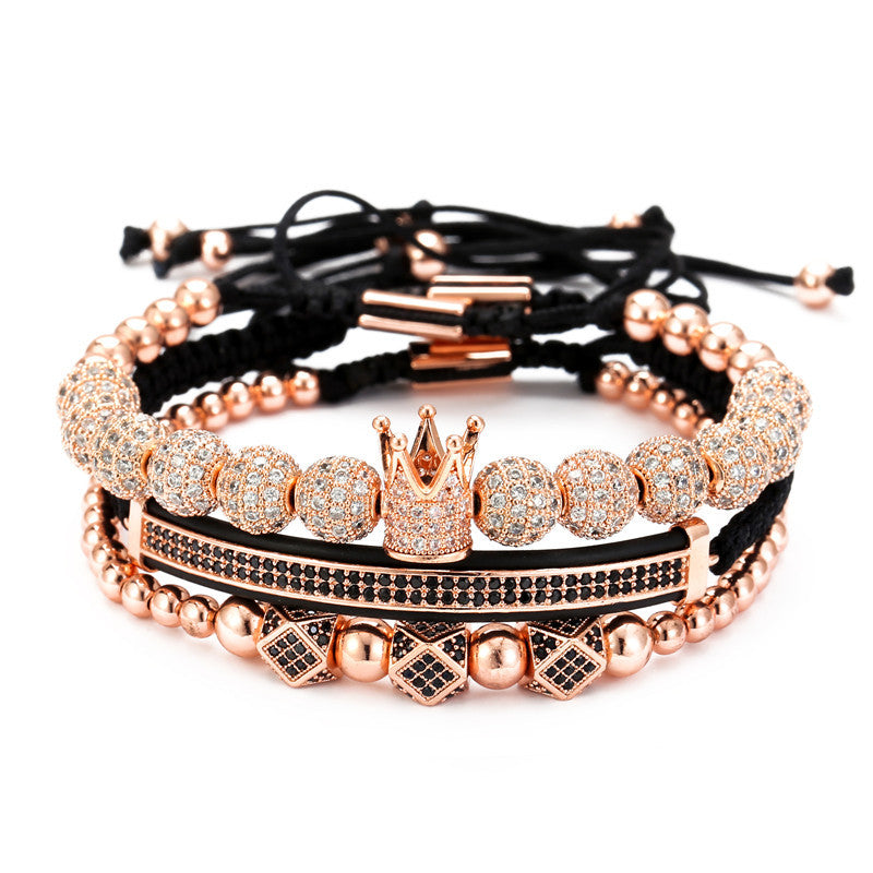 Cross-border 8mm micro-inlaid zircon copper ball woven crown crescent geometric three-piece bracelet bracelet bracelet