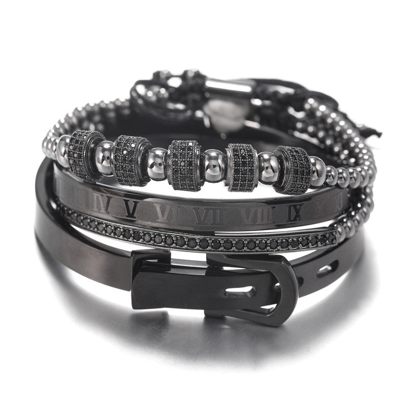 European and American exaggerated micro-inlaid zircon bracelet, punk bracelet, stainless steel Roman letter bracelet bracelet set men