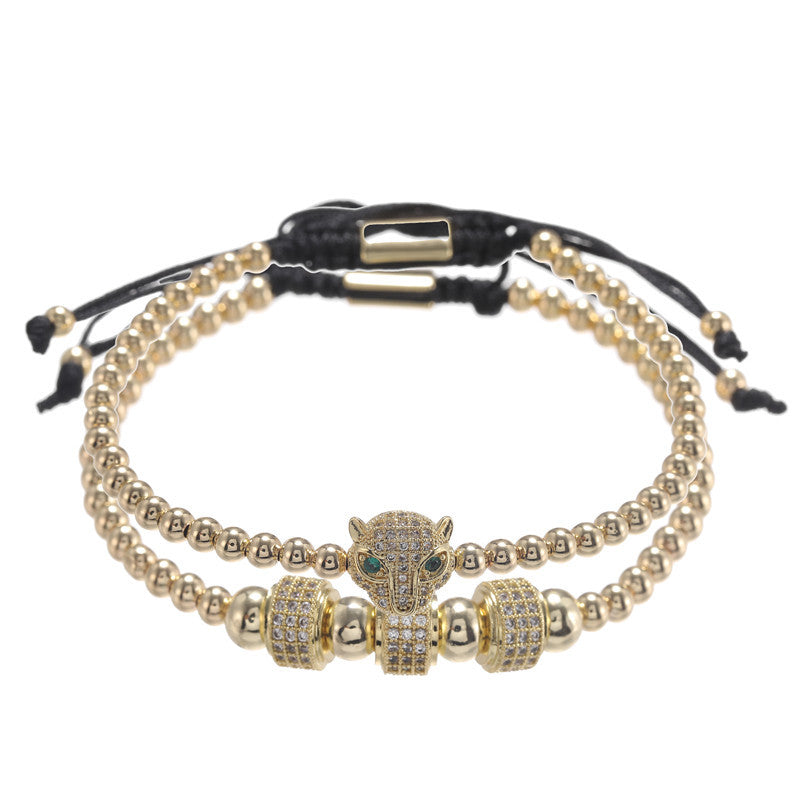 European and American jewelry fashion retro copper bead woven micro-inlaid zircon leopard head wheel two-piece set bracelet bracelet