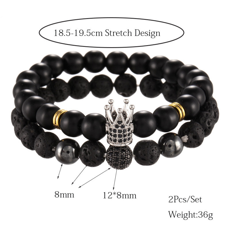 Cross-border jewelry 8mm black matte volcanic stone mixed with micro-inlaid zircon diamond ball crown bracelet, set.