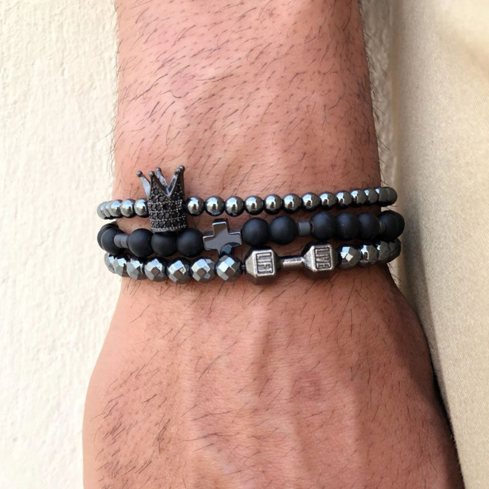 European and American new retro men's turquoise volcanic stone beaded bracelet simple design double-layer stacked bracelet combination