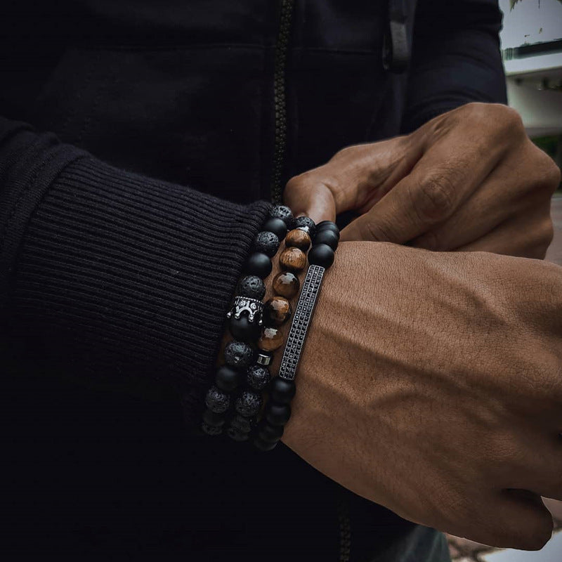 European and American new fashion personalized wooden bead beaded bracelet male trendy hip-hop niche beach wind stacked wearing natural stone bracelet