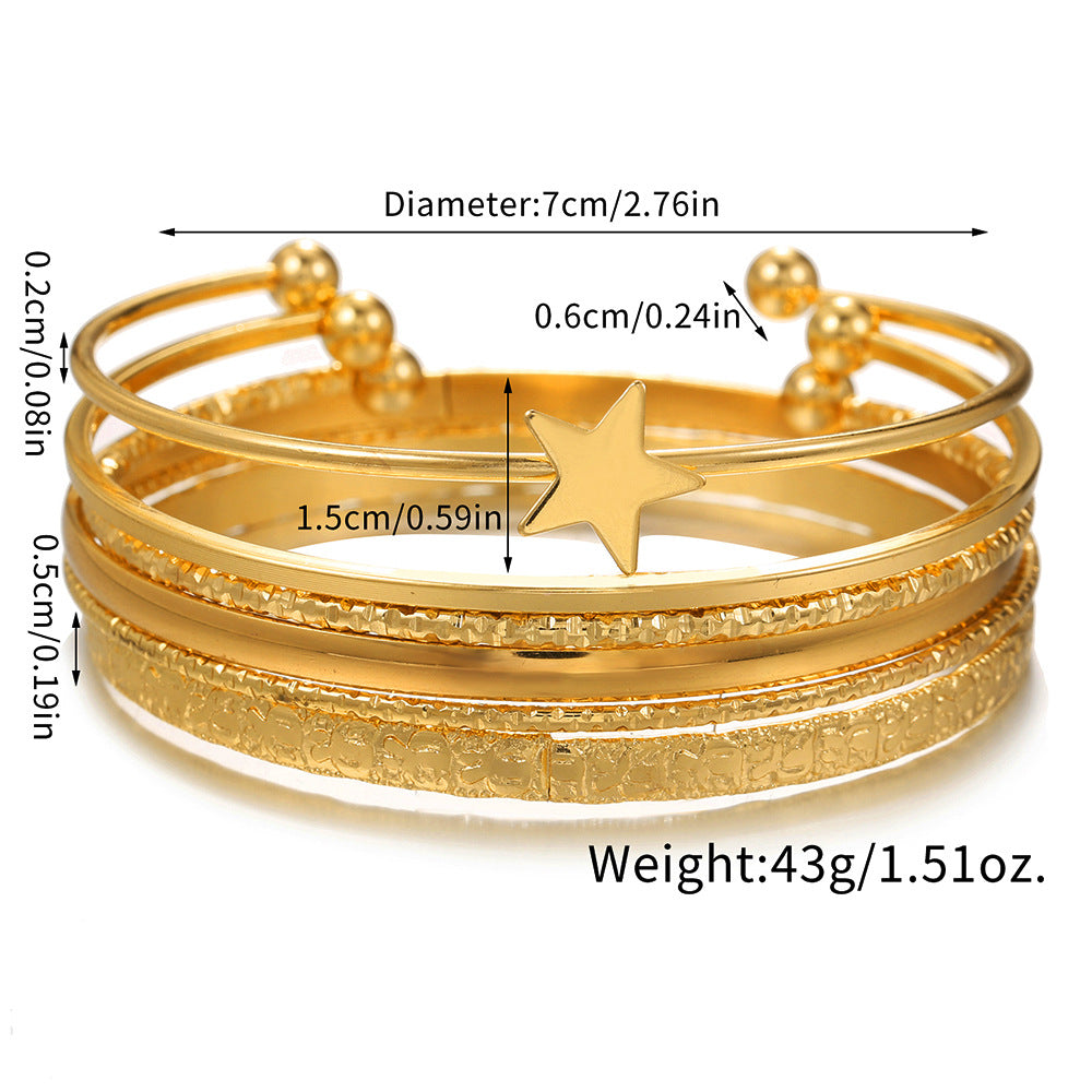 Retro personality exaggerated opening five-pointed star bracelet set 6 gold glossy irregular bracelets Cuff bracelets