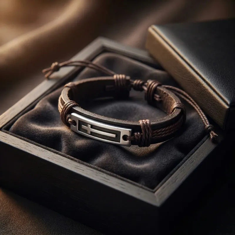 Cross-border new hip-hop punk beaded men's bracelet set stacked with black agate tiger's eye leather magnetic buckle bracelet
