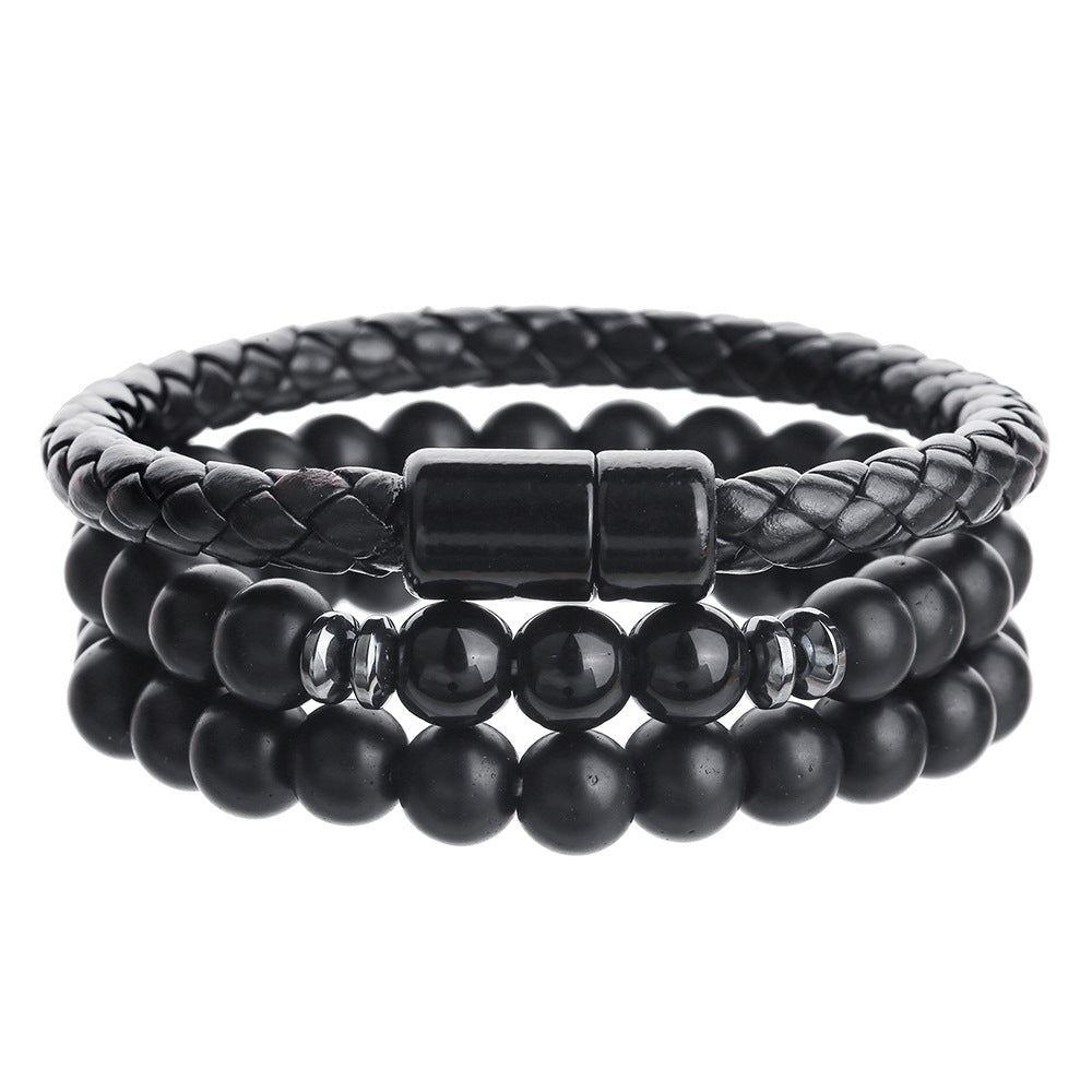 Amazon hot-selling tiger's eye stone leather bracelet set retro men's multi-layer stacking wearing cross eye bracelet men