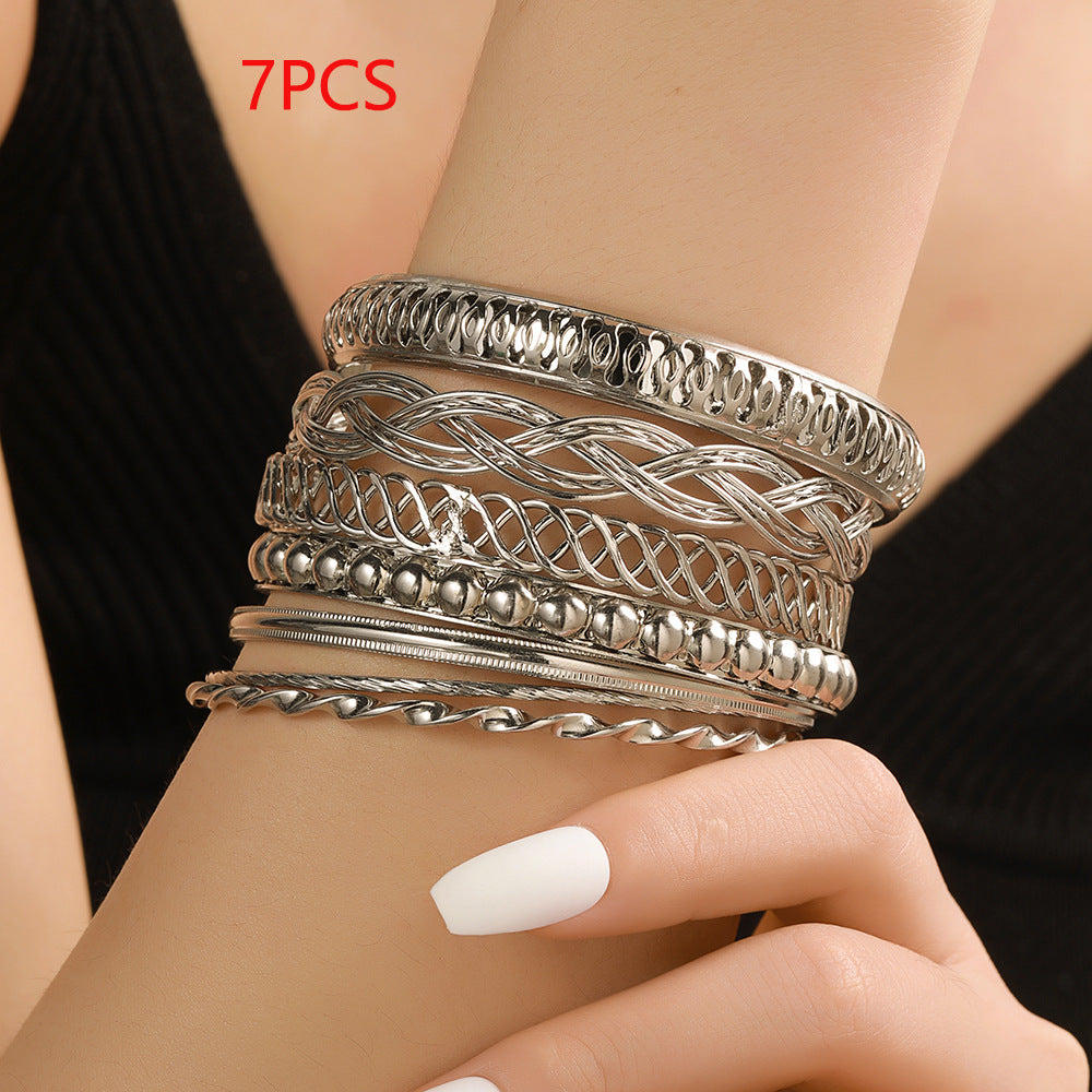 Cross-border European and American new jewelry, fashionable personalized texture multi-layer metal bracelet set 7 sets of iron bracelets