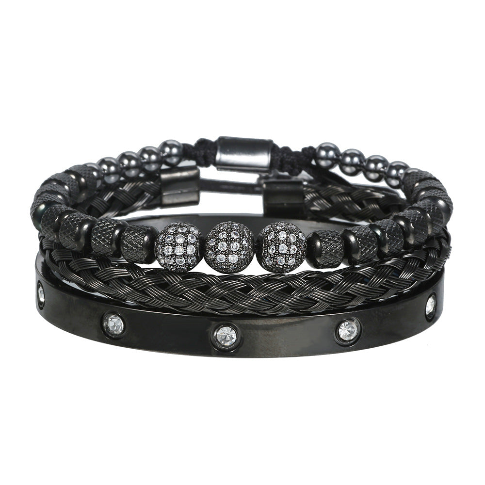 Amazon Hot Sale Men's Bracelet Woven Pineapple Bead Zircon Diamond Ball Three-piece Stainless Steel Roman Numeral Bracelet