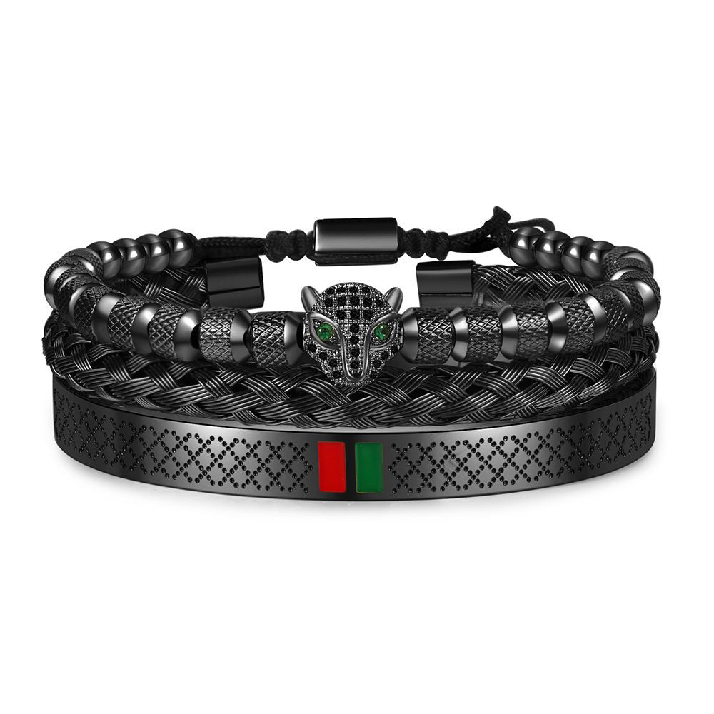 Hip Hop Men's Copper Inlaid Zircon Leopard Head Stainless Steel Bracelet Bracelet Combination Set Non-Fading Internet celebrity jewelry