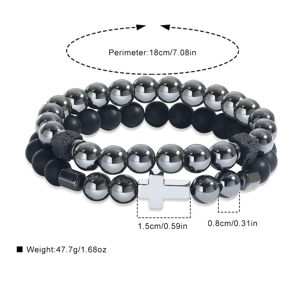 Cross-border new men's beaded bracelet set, black matte black gallstone cross bracelet elastic bracelet combination