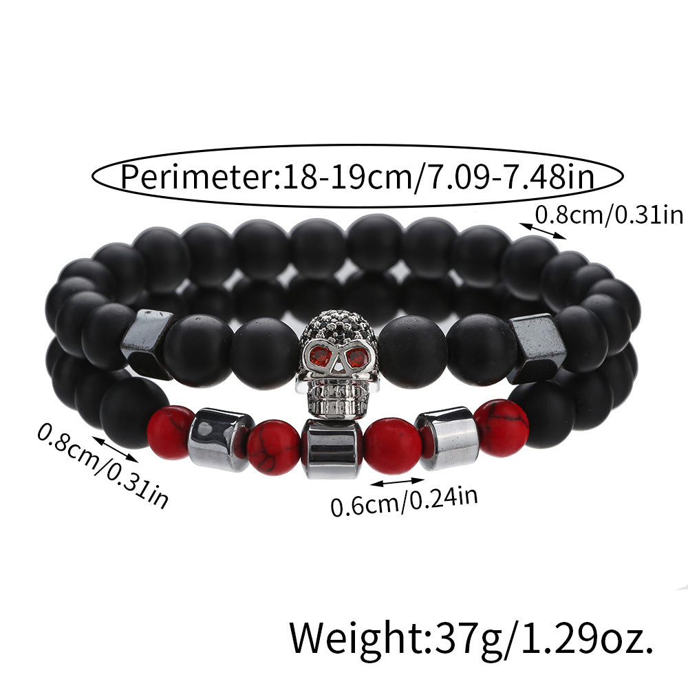 Micro-inlaid zircon skull bracelet set of 2, a set of black matte red pine beaded bracelet combination jewelry wholesale