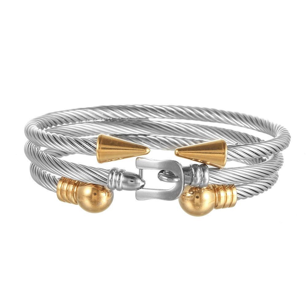 Cross-border new stainless steel bracelet set, open titanium steel bracelet, non-fading rivet belt buckle bracelet punk