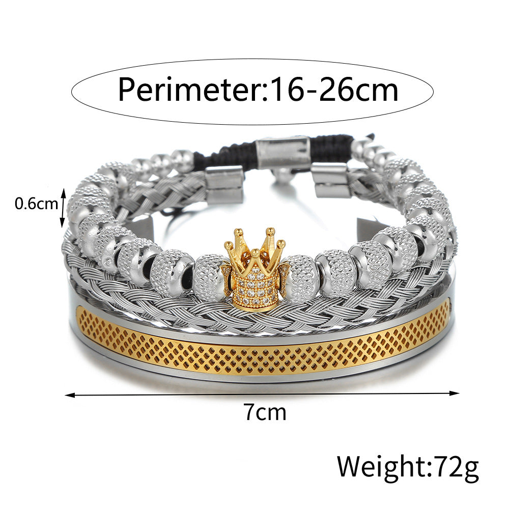 Cross-border new copper-inlaid zircon crown woven bracelet combination stainless steel grid opening titanium steel bracelet set men