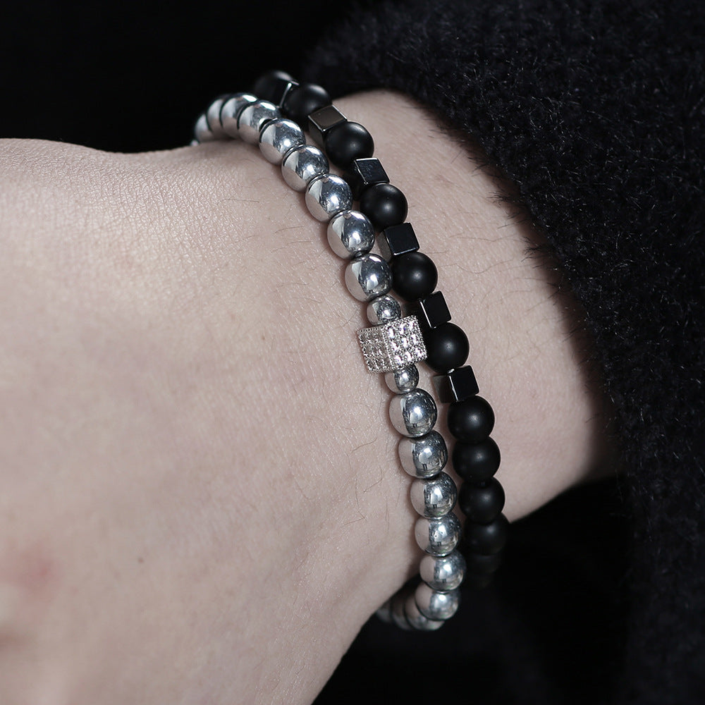 Cross-border new 8mm black matte black gallstone bracelet set copper micro-inlaid zircon square elastic bracelet bracelet men