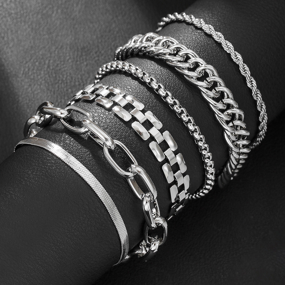 European and American cross-border hot-selling paper clip twist snake bone chain bracelet combination multi-layer women's metal thick chain bracelet