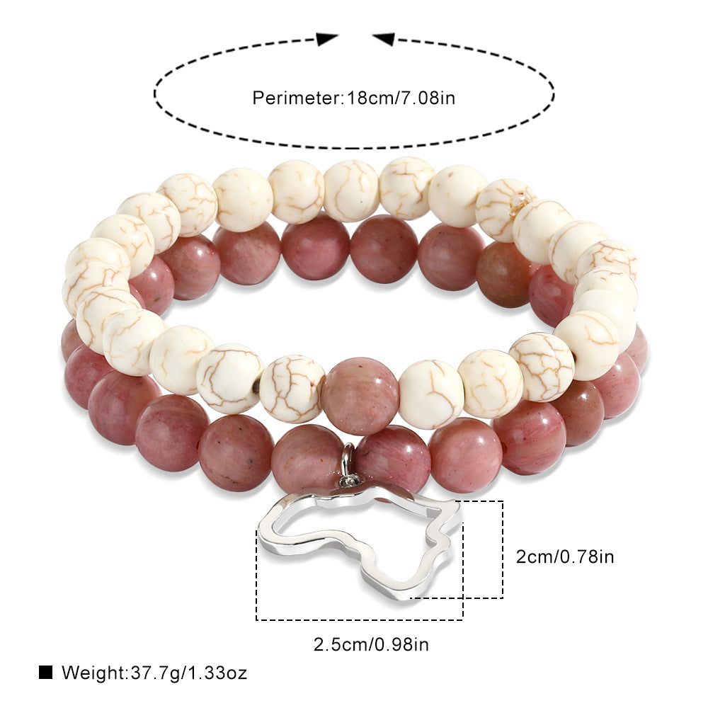 Cross-border hot-selling jewelry, natural stone set, bead elastic bracelet, stainless steel Africa map pendant, couple bracelet.