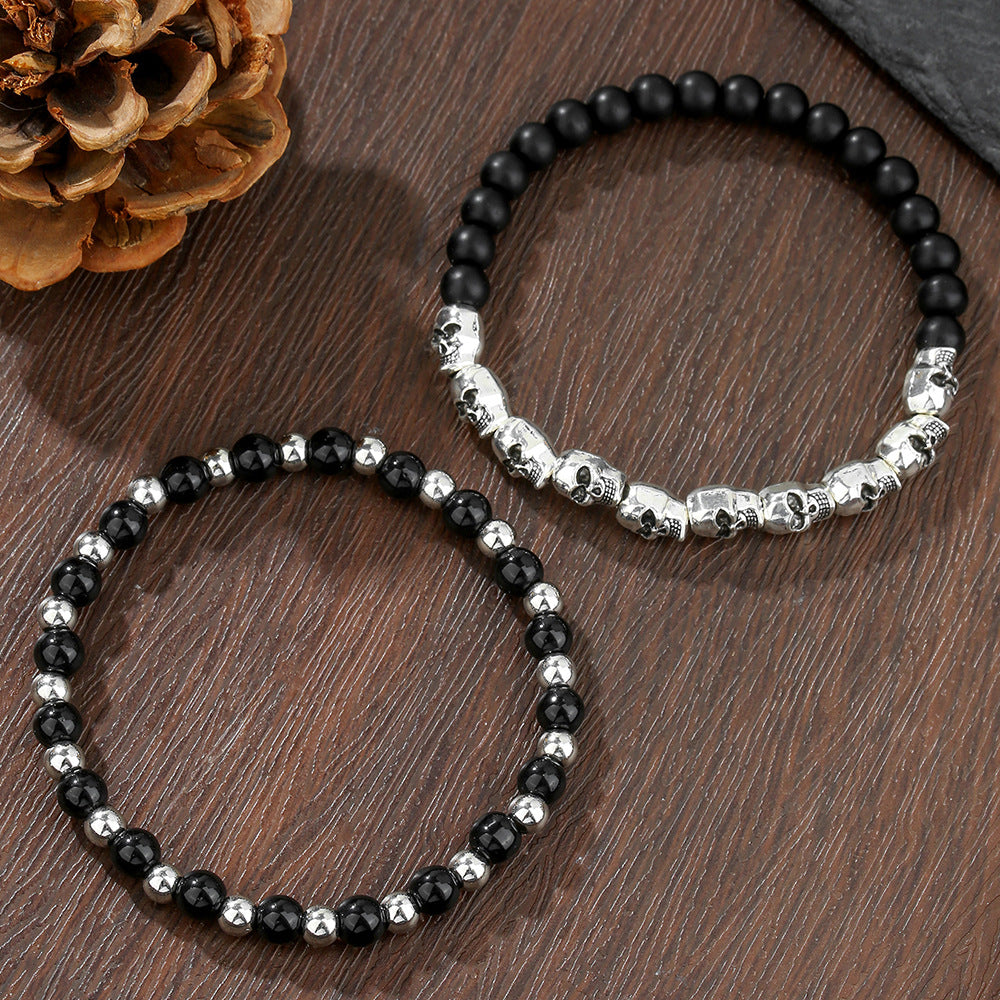 Retro Men's Hip Hop Stainless Steel Skull Bracelet Multilayer Stacked Wear Beaded Weathered Black Agate Bracelet Non-Fading