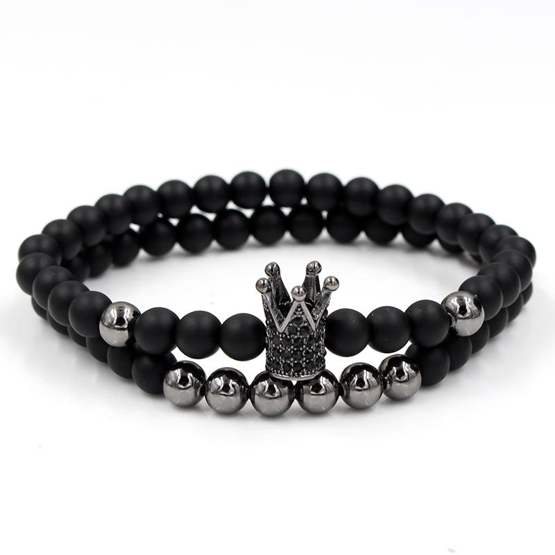 European and American exaggerated 6mm black matte copper bead bracelet, micro-inlaid zircon crown bracelet, set wholesale
