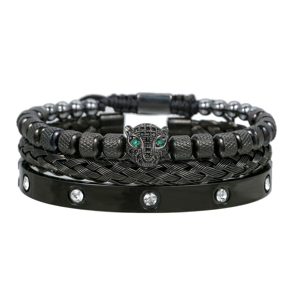 European and American retro versatile zircon leopard head woven bracelet Roman letter woven stainless steel mesh bracelet set