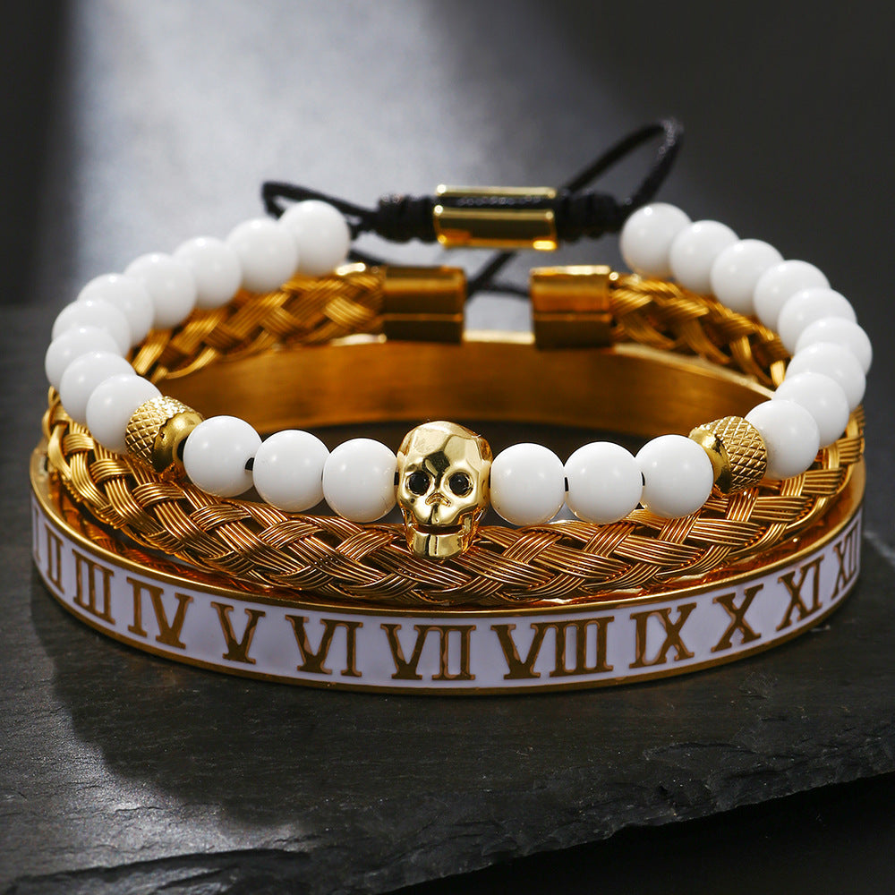 Zircon Skull Leopard Head Crown Bracelet Stainless Steel Men's White Oil Drip Roman Numeral Bracelet Set