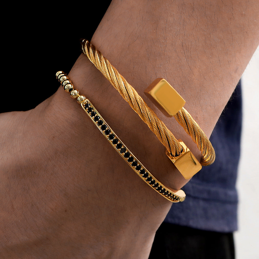 Cross-border stainless steel belt buckle bracelet, copper bead woven bracelet set of 2 bracelets, men's hip-hop bracelet.