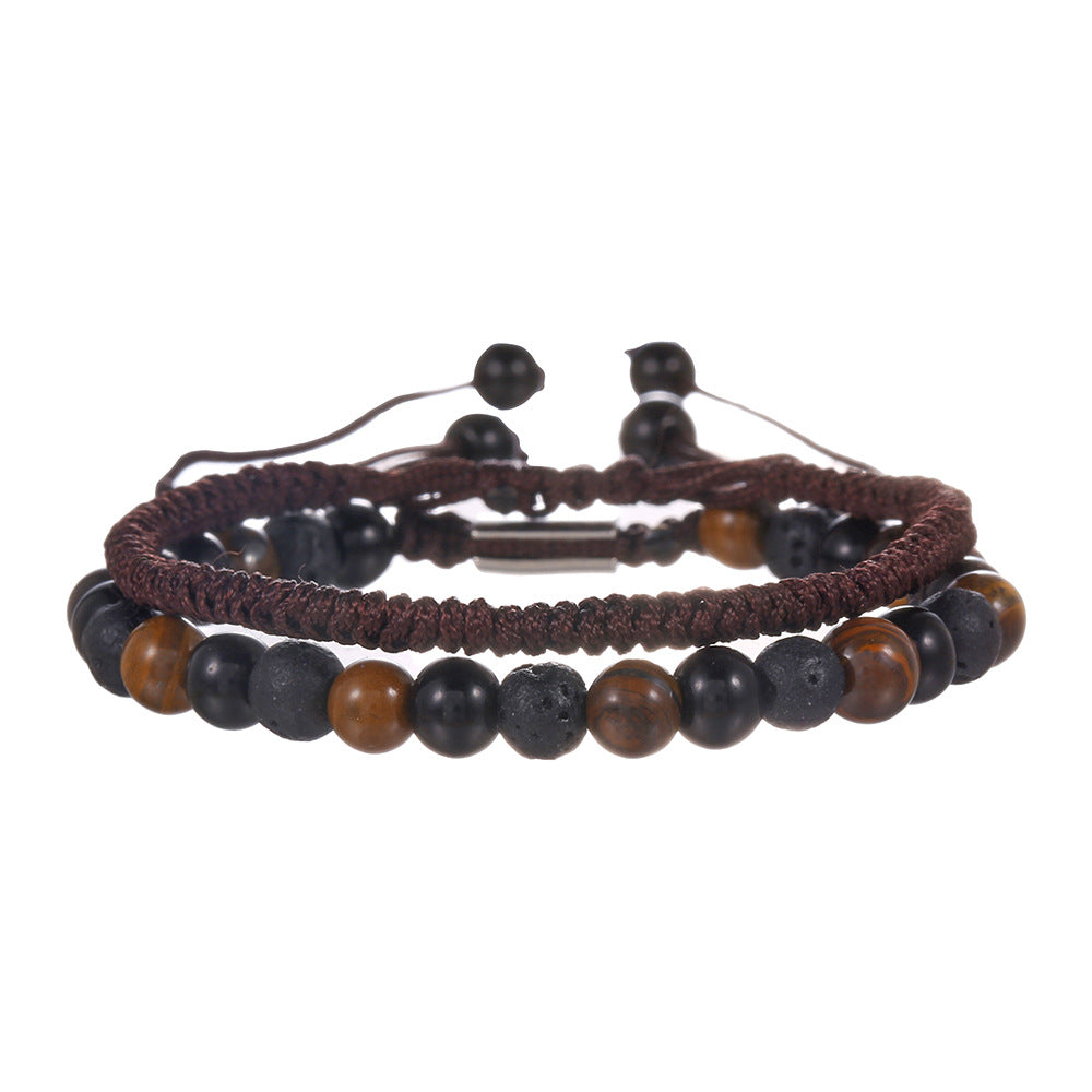 Cross-border hot-selling diamond knot woven bracelet men's combination volcanic stone blue turquoise tiger's eye adjustable couple bracelet