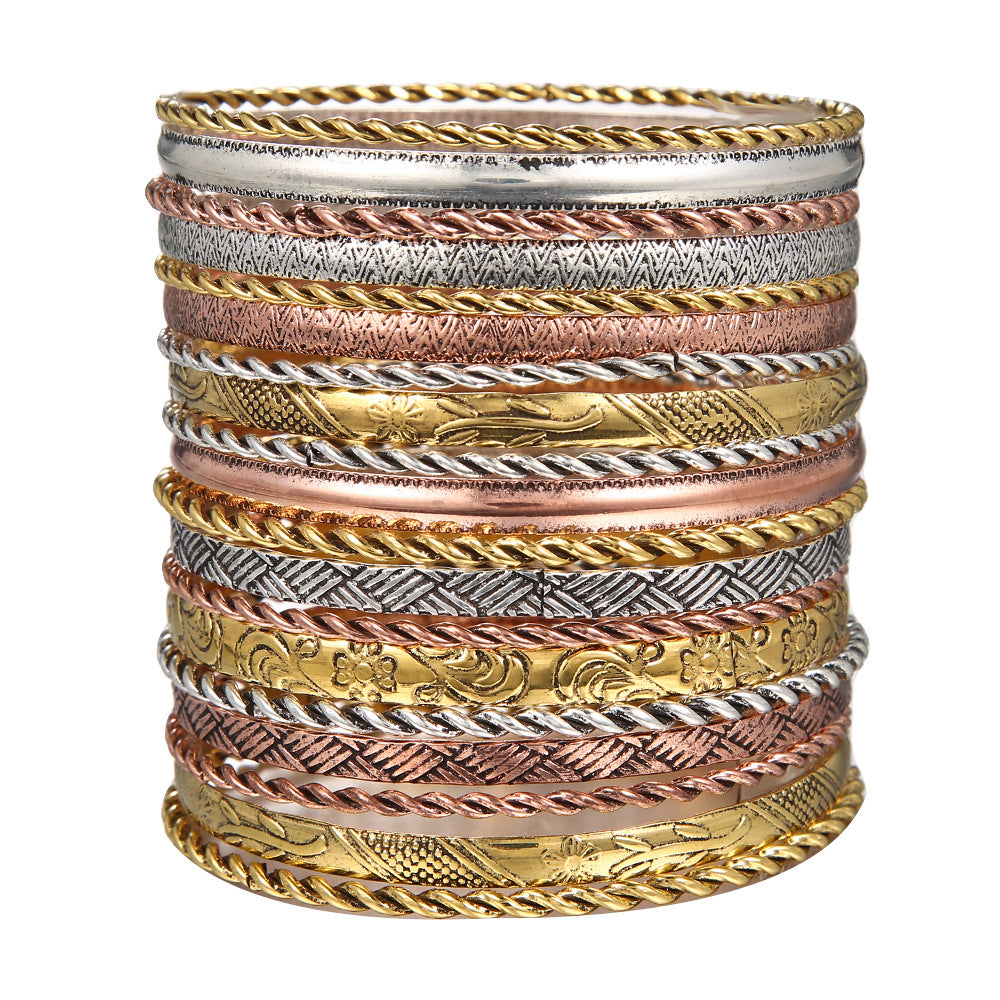 Cross-border hot-selling ethnic style metal bracelets for women, vintage stacked gold hammered pattern bracelet set of nineteen