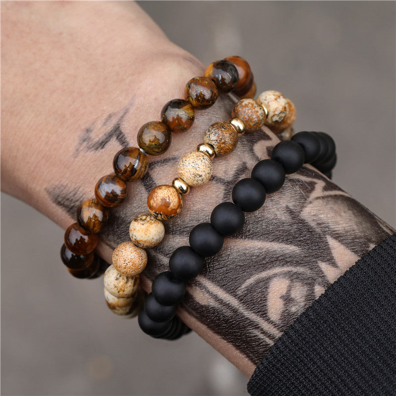 Cross-border explosion, black matte wood bead bracelet, hematite beaded bracelet set, men's black agate bead elastic bracelet.