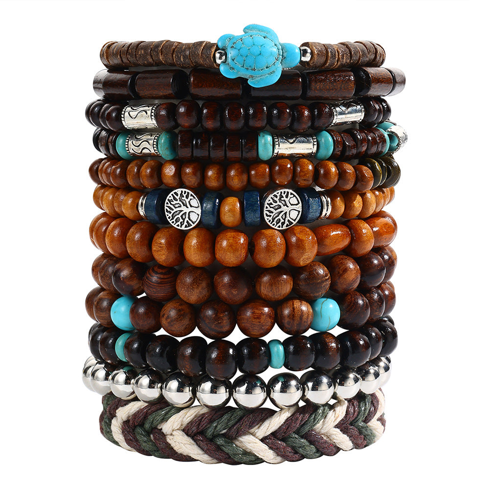 Cross-border hot-selling handmade beaded bracelets, men's retro ethnic style multi-layer stacked wooden beads, tree of life bracelet accessories