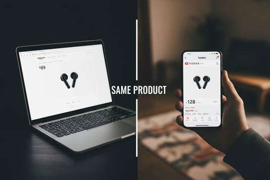 Side by side comparison of the same product priced at $18 on Chinese platform vs $89 on Amazon