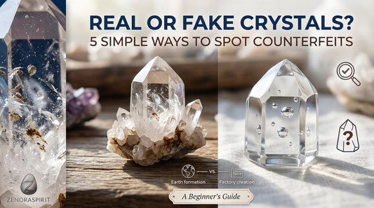 Comparison between a real natural quartz crystal with inclusions and a fake glass imitation with bubbles.
