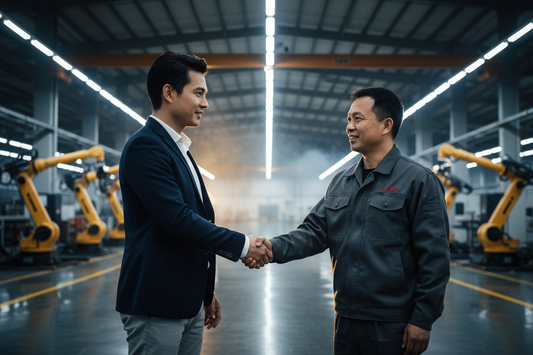 A business person shaking hands with a Chinese factory manager on a modern manufacturing floor, representing trusted China factory sourcing and supply chain partnership