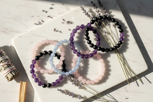 Crystal bracelets for calm and mindfulness - Amethyst, Rose Quartz, Black Tourmaline and Blue Lace Agate intention stones by Zenora Spirit