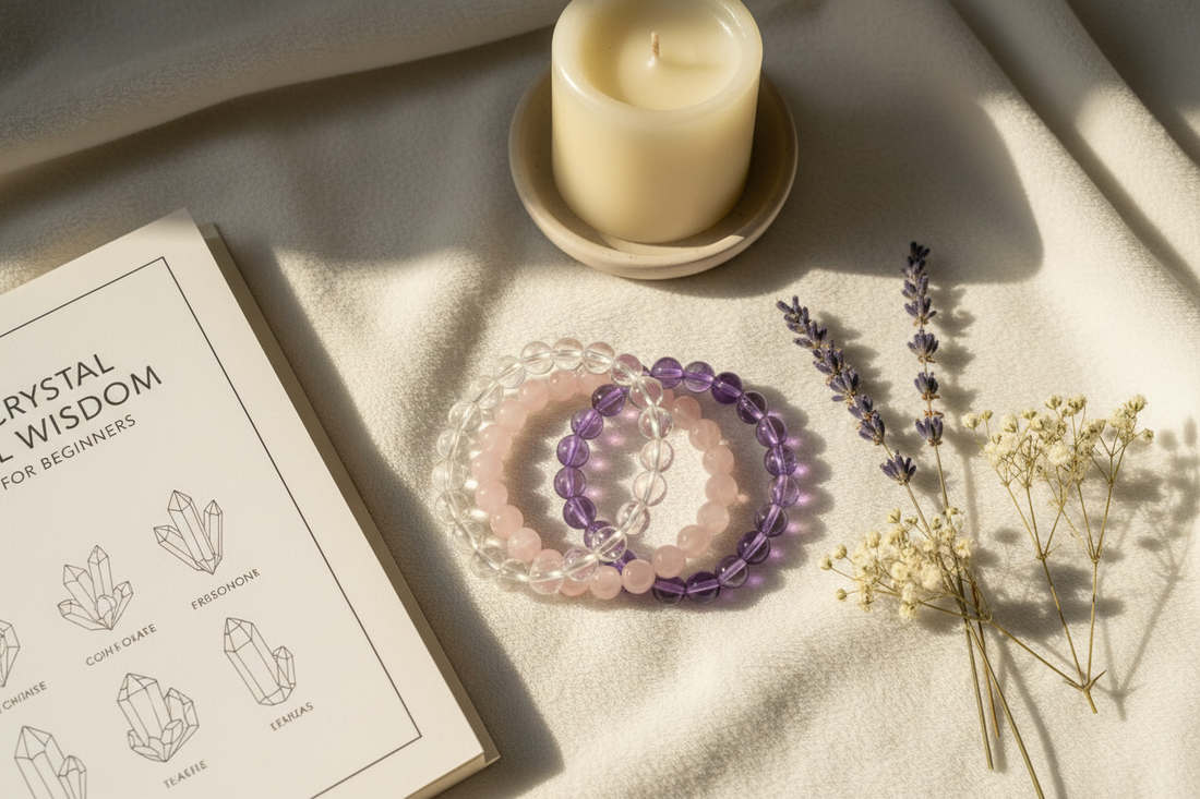 Beginner crystal bracelet collection with clear quartz, rose quartz and amethyst on white surface by Zenora Spirit