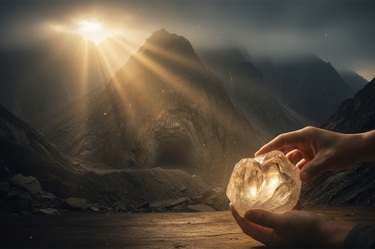 Raw natural crystals held by a craftsman in China — the source behind every Zenora Spirit bracelet.
