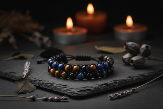Men's crystal bracelets with tiger's eye, black obsidian and lapis lazuli on dark slate — Father's Day gift guide by Zenora Spirit
