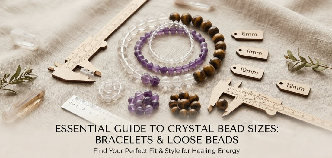 Comparison of crystal bead sizes 6mm, 8mm, 10mm, 12mm for handmade bracelets and loose beads, showcasing Zenora Spirit spiritual jewelry quality.