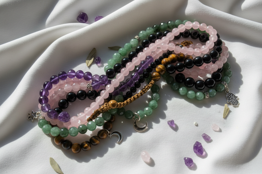 Multiple colourful crystal bracelets stacked together showing how to layer intention stones by Zenora Spirit