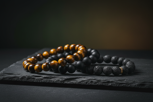 Men's crystal bracelets featuring Tiger's Eye, Black Obsidian, and Lava Stone on dark slate — Zenora Spirit