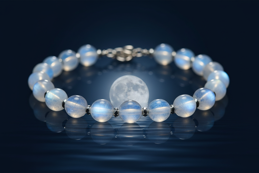 Rainbow moonstone crystal bracelet with ethereal blue-white adularescence glow — Zenora Spirit