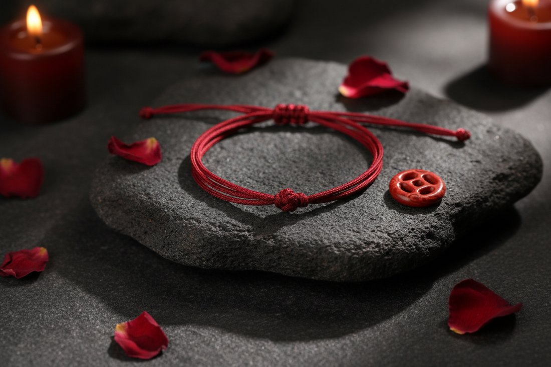 Red string bracelet with cinnabar peace buckle and dried rose petals on dark stone — Zenora Spirit