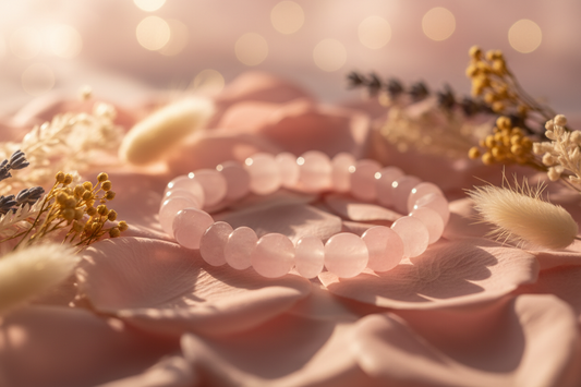 Rose quartz crystal bracelet on pink rose petals — the stone of unconditional love | Zenora Spirit