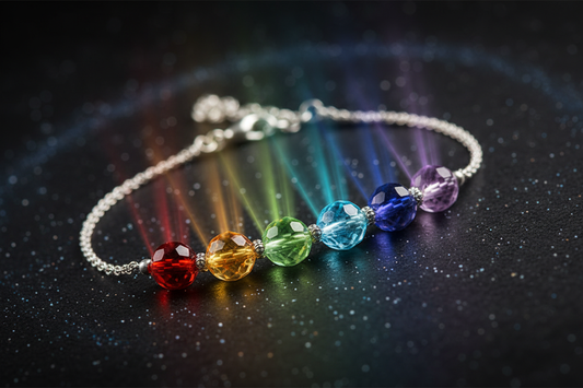 Seven chakra crystal bracelet with red jasper, carnelian, citrine, aventurine, aquamarine, lapis lazuli and amethyst beads — Zenora Spirit chakra healing collection