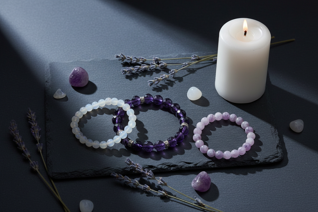 Amethyst, Moonstone and Lepidolite crystal bracelets for restful sleep rituals — Zenora Spirit