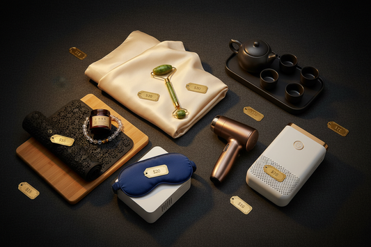 Flat lay of 10 popular Chinese products including jade roller, silk pillowcase, ceramic tea set, crystal bracelet and electric massager with gold price tags showing low local China prices