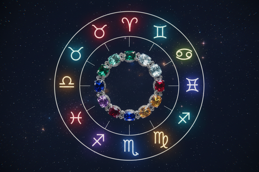 Twelve zodiac signs with their birthstone crystal bracelets, multicolor gemstone collection — Zenora Spirit zodiac crystal guide