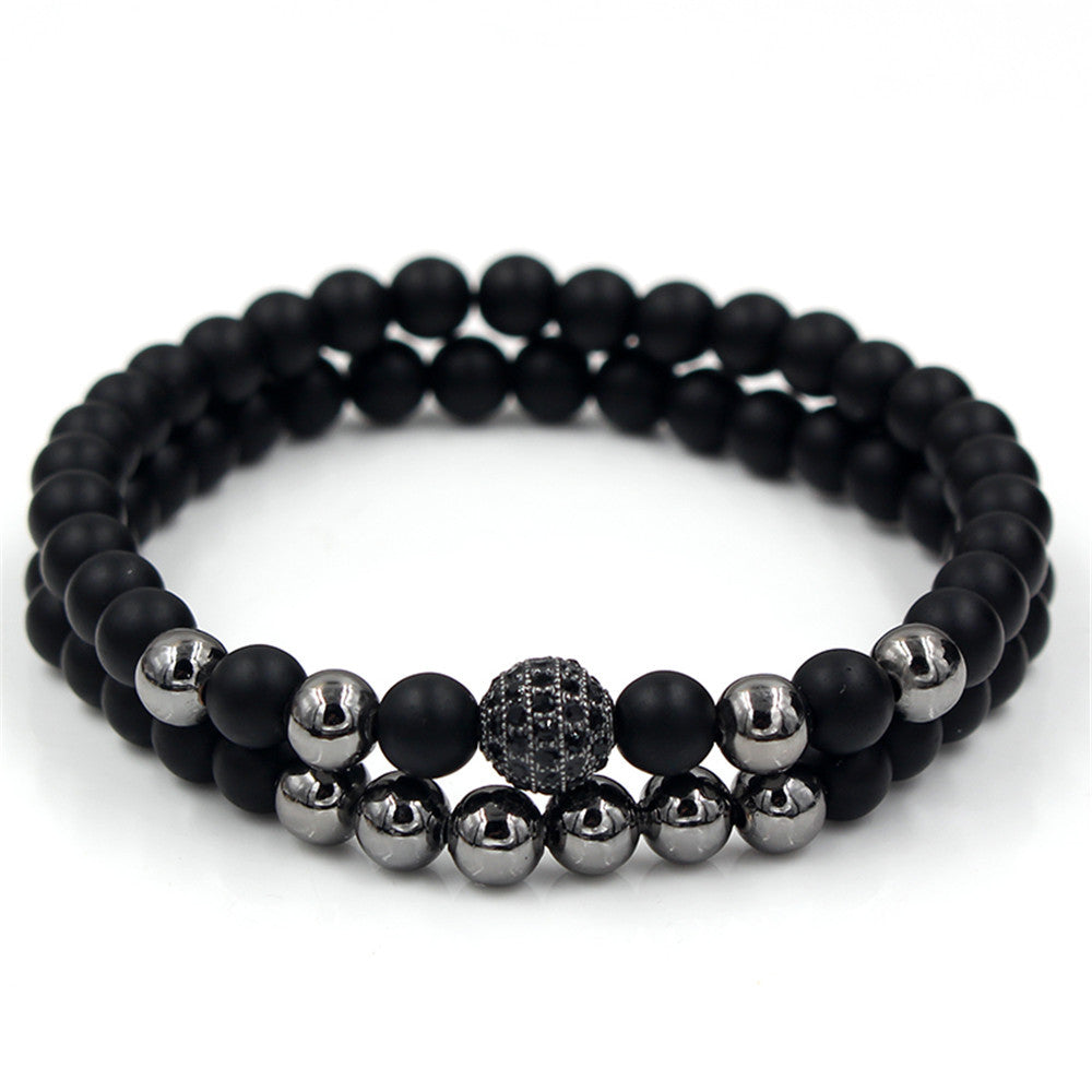 European and American exaggerated 6mm black matte copper bead bracelet, micro-inlaid zircon crown bracelet, set wholesale