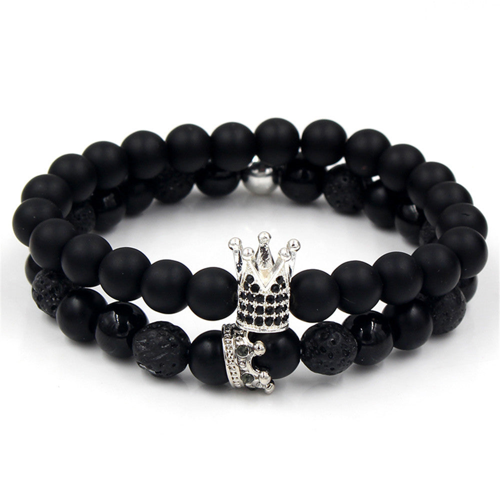 Foreign trade supply couple's hand accessories, black matte stone, black diamond and volcanic stone, diamond-inlaid crown bracelet and bracelet set