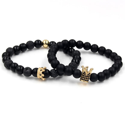 Foreign trade supply couple's hand accessories, black matte stone, black diamond and volcanic stone, diamond-inlaid crown bracelet and bracelet set