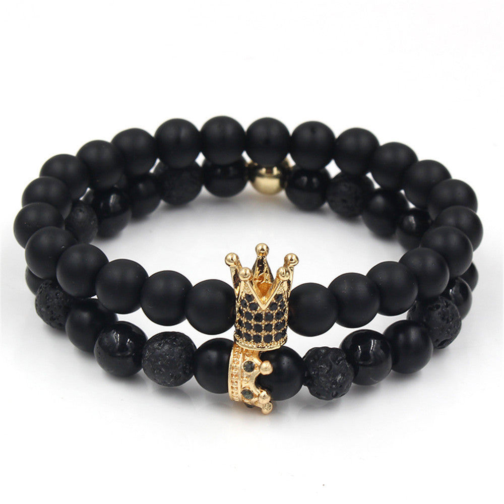 Foreign trade supply couple's hand accessories, black matte stone, black diamond and volcanic stone, diamond-inlaid crown bracelet and bracelet set