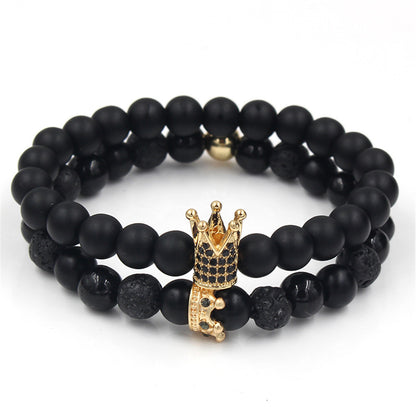 Foreign trade supply couple's hand accessories, black matte stone, black diamond and volcanic stone, diamond-inlaid crown bracelet and bracelet set